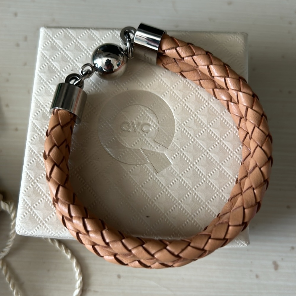 QVC Steel By Design Camel Double Braided Leather Magnet Clasp Bracelet